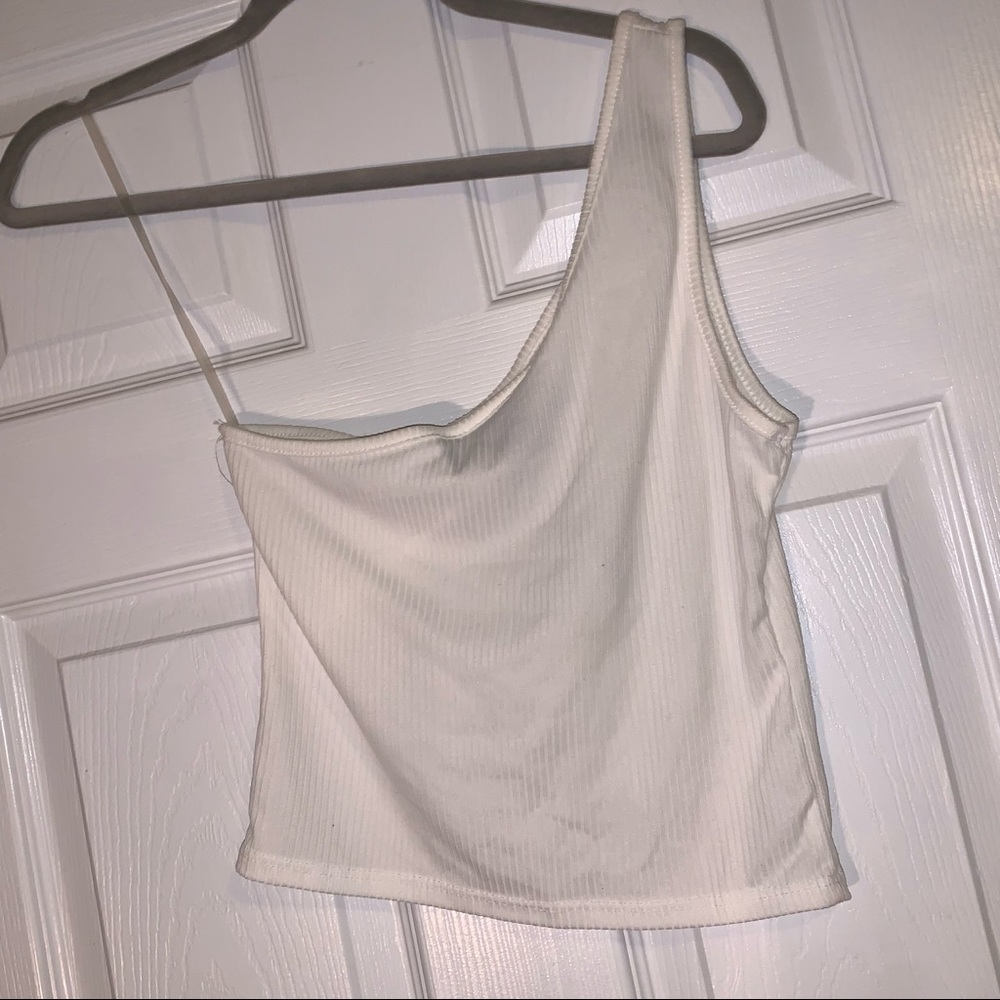 Polly & Esther One Shoulder White Ribbed Crop Tank Top